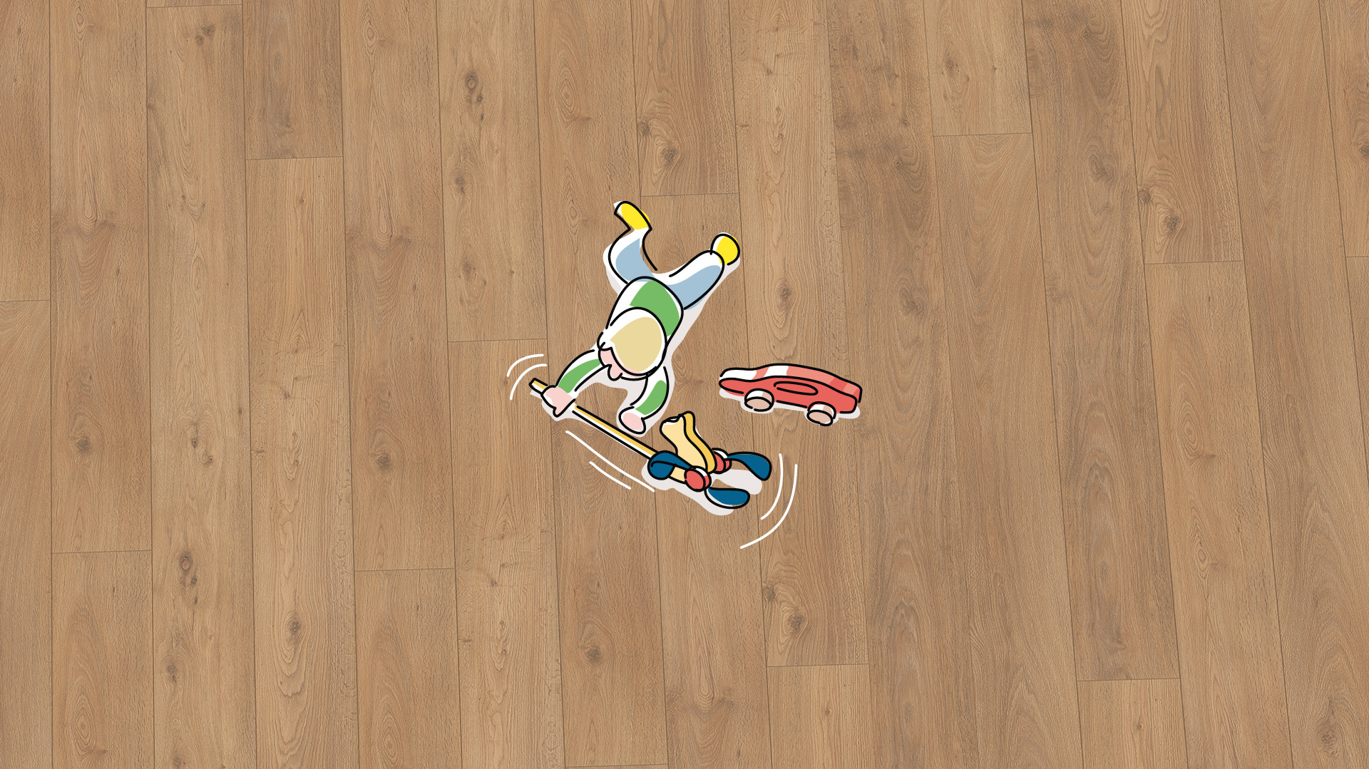 MEISTER Laminat ist Ökologisch denn er besteht aus natürlichen Rohstoffen Grafik: kleiner Junge spielt auf ökologischem MEISTER Laminat