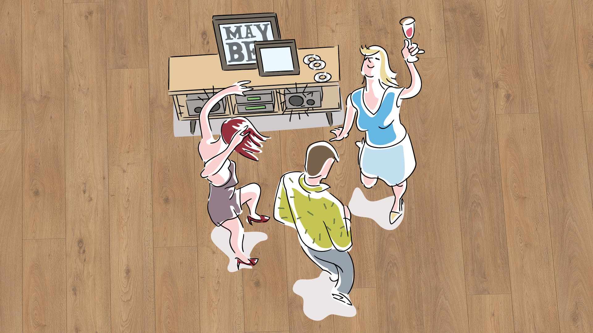 Get the Party started! Und macht euch um das kratzfeste Laminat keine Sorgen. Grafik: tanzende Leute auf MEISTER Laminatboden