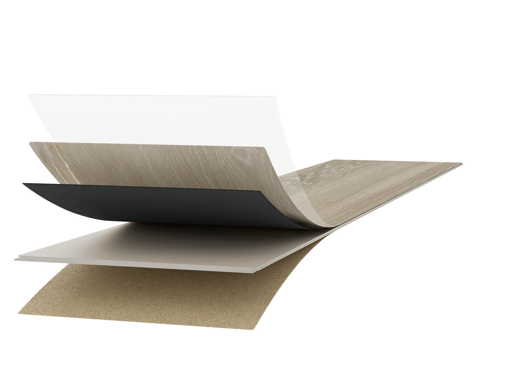 a. Meerlaags vinyloppervlak (0,55 mm bovenlaag) met matte PUR-coating
b. Decorlaag
c. Elastische vinyl dempende laag
d. Rigide polymeer dragerplaat - watervast
e. Geïntegreerde contactgeluiddempende onderlaag: 1,5 mm kurk