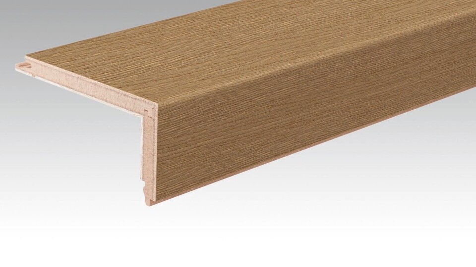 Stair nosing made out of parquet Parquet stair nosing L Authentic greige oak 09019 ultra matt lacquered