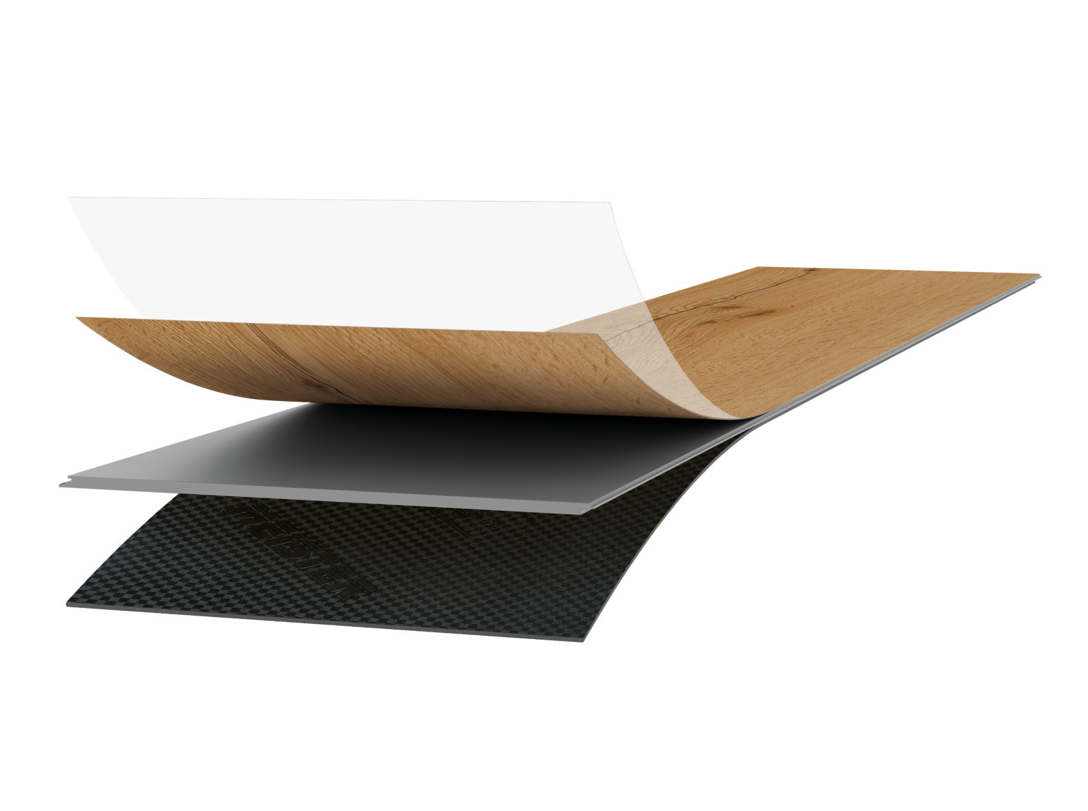 a. Mehrlagige Vinyloberfläche (Nutzschicht 0,3 mm) mit matter PUR-Lackierung
b. Dekorschicht
c. Rigid-Polymer-Trägerplatte - wasserfest 
d. Integrierter Schallschutz: 1 mm druckstabiler IXPE-Schaum