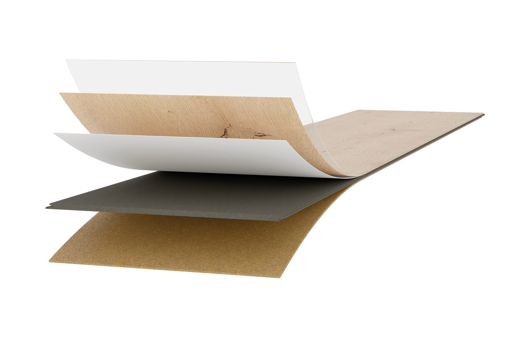 a. Puretec® Plus surface - PUR-based transparent polymer layer (PVC-free)
b. Decor layer
c. Base layer
d. Special AquaSafe board (swell-reduced) - on the basis of natural, renewable materials
e. AquaStop edge impregnation
f. 1 mm cork sound-absorbing cushion