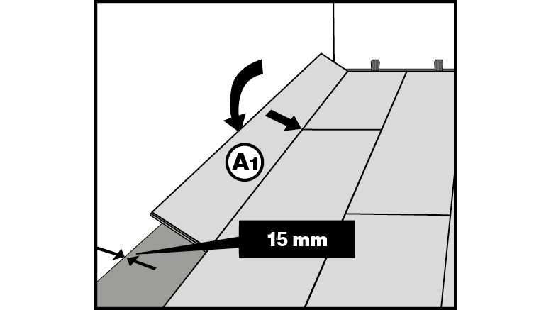 Dielen der letzten Reihe einwinkeln, 15 mm Wandabstand berücksichtigen Dielen der letzten Reihe einwinkeln, 15 mm Wandabstand berücksichtigen